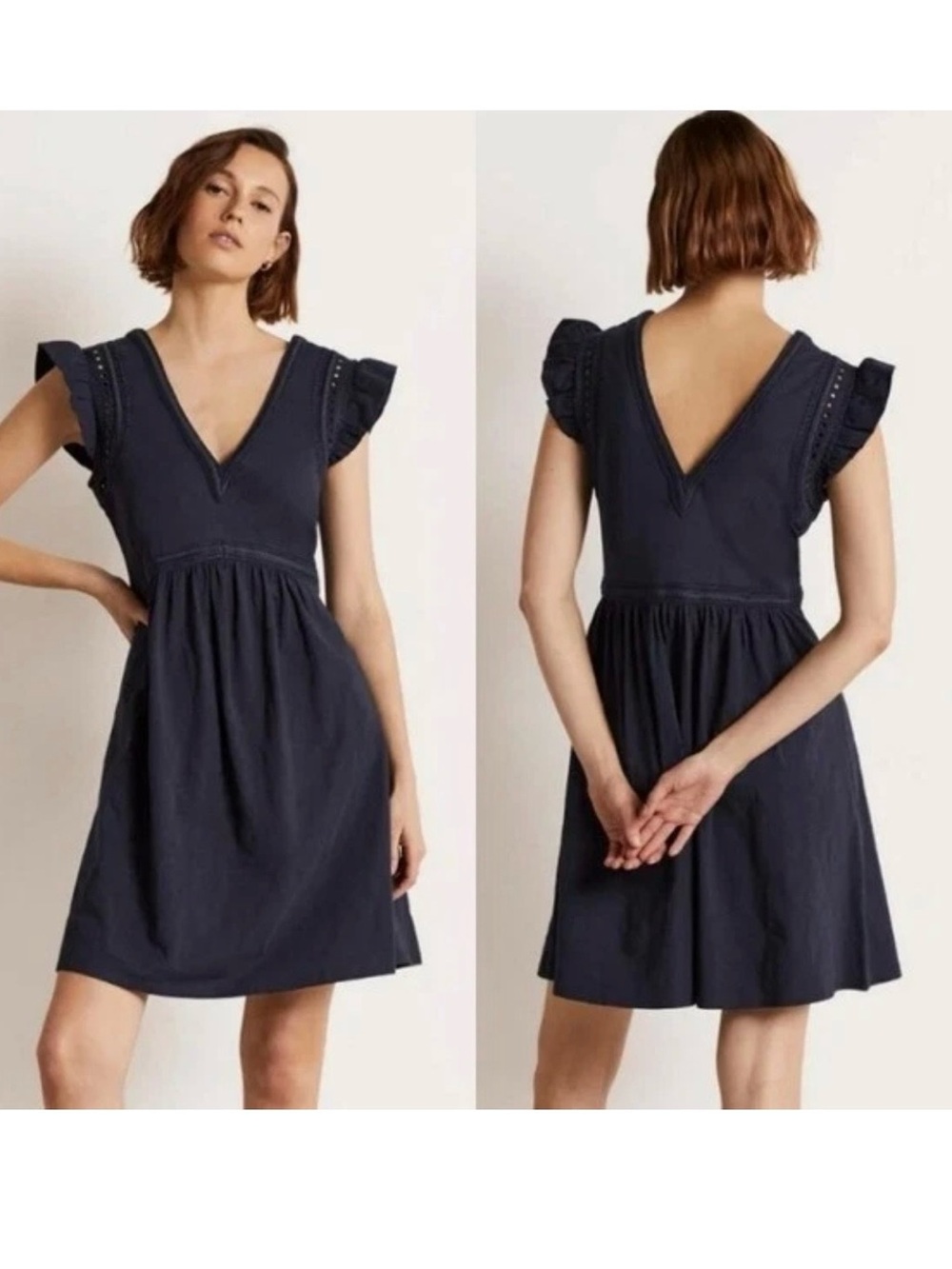 Boden Empire Detail Navy‎ Cotton Jersey Dress Size 12 L